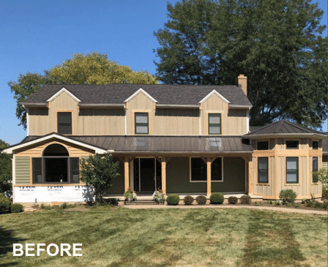 Before image of a house with unpainted siding and trim, showcasing the preparation stage for an exterior painting project.